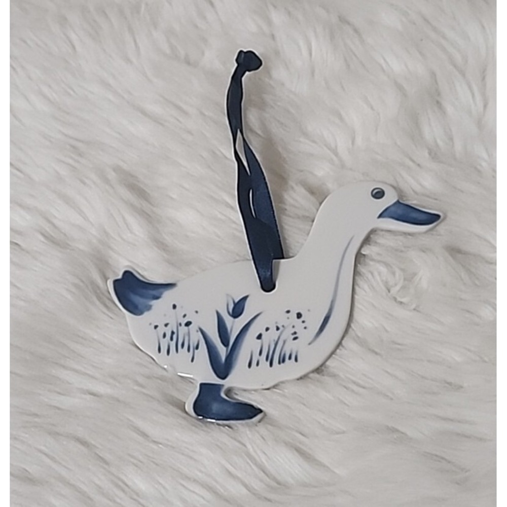 Russ Berrie Goose Ornament Blue White Olde Towne Ceramic Accents